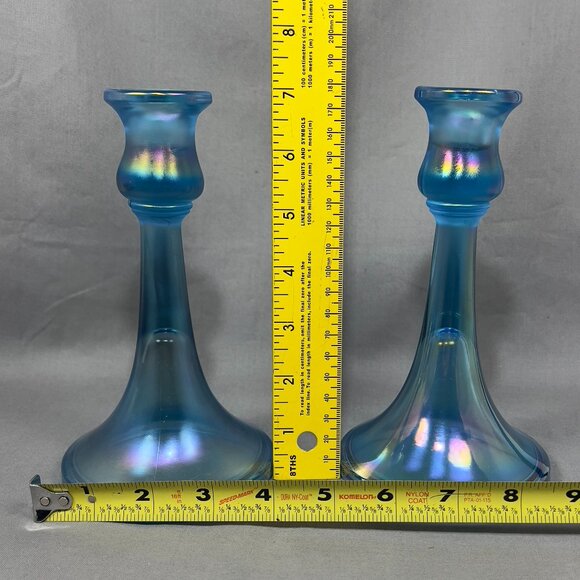 Vtg Central Glass Works Iridescent Blue Stretch Trumpet Candlestick Holders Glow - Picture 14 of 16